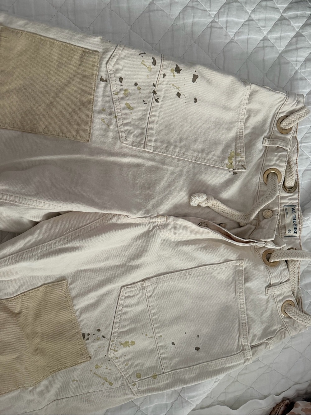 We The Free Cream Painter Patchwork Cargo Pants with Tan Knee Patches - Picture 3 of 4